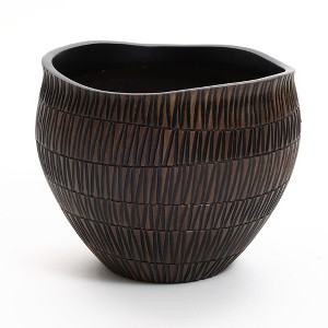 LuxenHome Brown with Black V-Pattern Polyresin 12-Inch Round Planter - 1 of 4