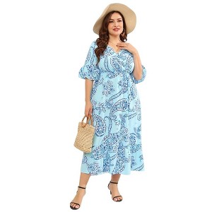 YESFASHION Women's Plus-Size Summer Dresses Floral Short Sleeve Long High Waist A-Line Pleated Layers Dress - 1 of 4
