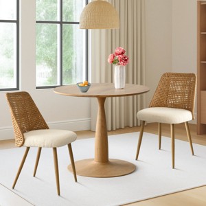 Dining Table Set for 4, Round Pedestal Kitchen Table, Natural Woven Back Chairs with Upholstered Seats, Small Dining Room Solution-Tanpinhause - 1 of 4