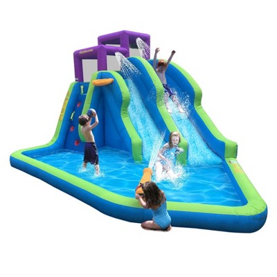 Kahuna 90793 Twin Falls Outdoor Inflatable Splash Pool Backyard Heavy-Duty PVC Water Slide Park with Two Slides, Pump, Climb Wall, and Basketball Hoop