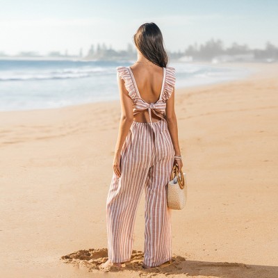 Striped Backless Beach Jumpsuit with Tie-Front - Cupshe-XL-Brown