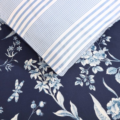 Indigo Blue Floral Cotton Full/Queen Bedspread Cover with Frills