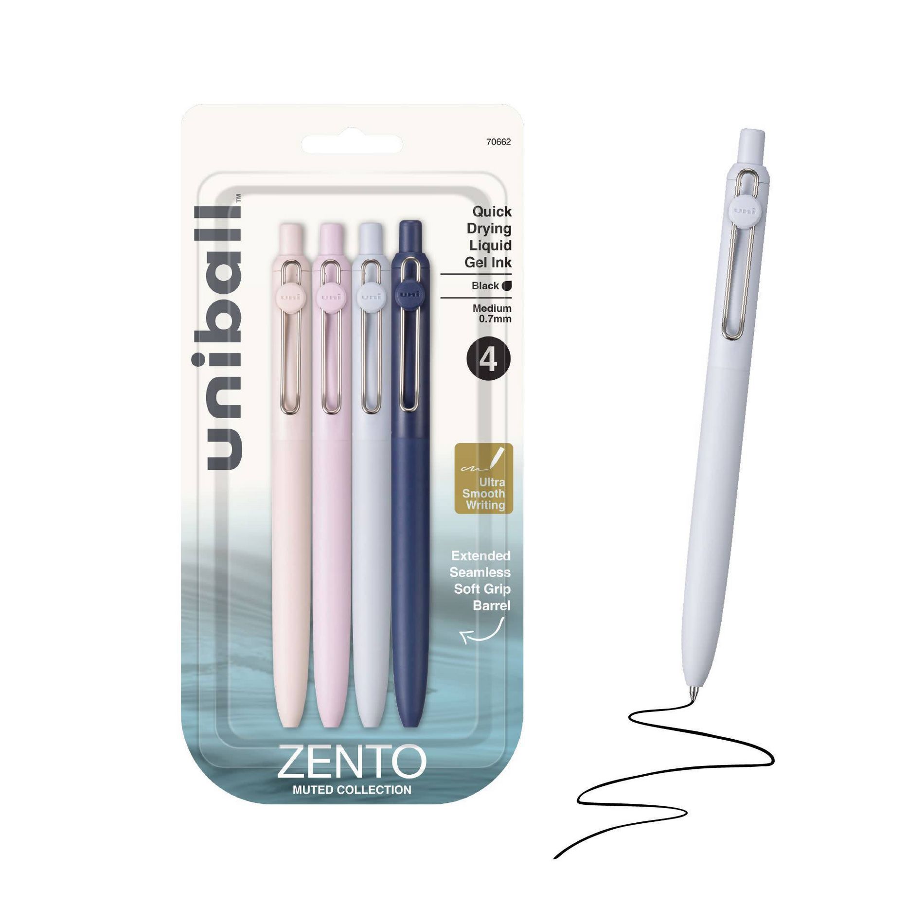 Zento Uniball 4-Pack Gel Pen - 0.7mm Medium Point Black Ink - Muted Cool Barrel