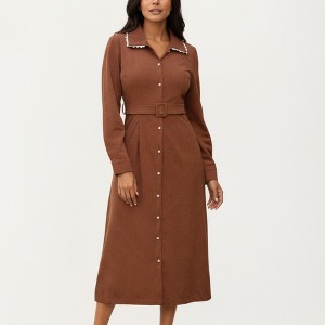 Anna-Kaci Women's Long Sleeve Button Front Midi Dress with Belted Waist and Trimmed Collar - 1 of 4