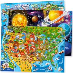QUOKKA 300 Piece Floor Puzzles for Kids Ages 10-12 - 3X Set Floor Jigsaw Puzzles Large Pieces - Learning Space USA and World Maps - 1 of 4