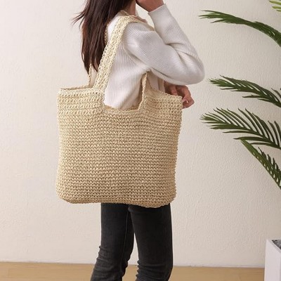 Attop Beige Beach Bags for Women - Summer Soft Large Woven Shoulder Purse Handbag, Beach Tote Straw Bag for Summer Vacation