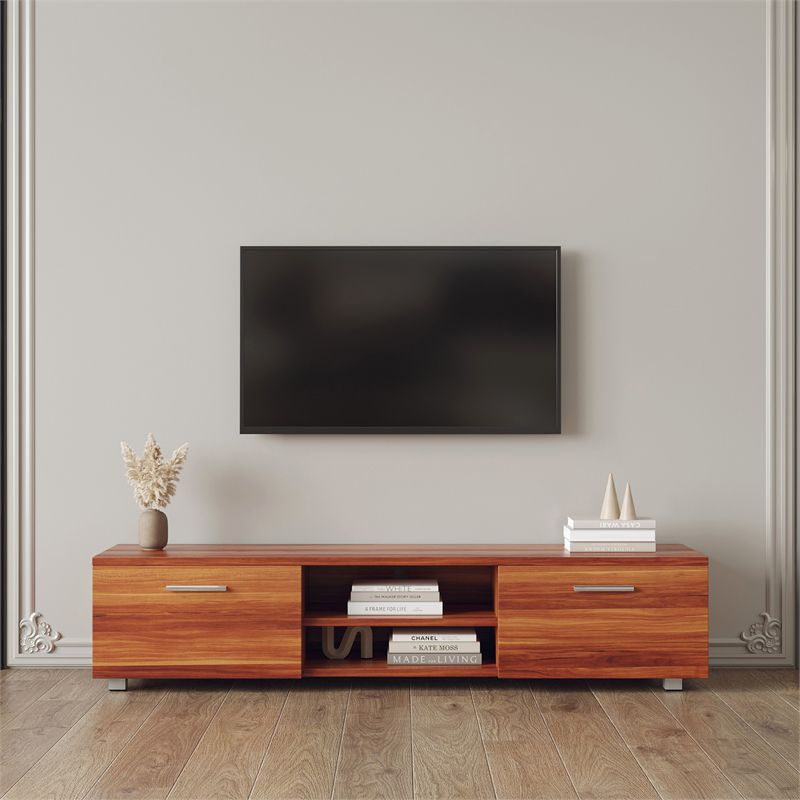 CRO Decor Walnut TV Stand for 70'' TV Stands with 2 Storage Cabinet Open Shelves, 1 of 11