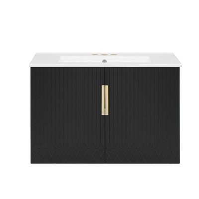 Vynxaria 30 inch Midnight Black Vintage Wall Mount Single Sink Bath Vanity with White Ceramic Basin Dual Soft Close Doors