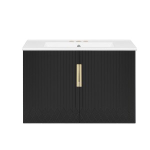 Vynxaria 30 inch Midnight Black Vintage Wall Mount Single Sink Bath Vanity with White Ceramic Basin Dual Soft Close Doors - 1 of 4