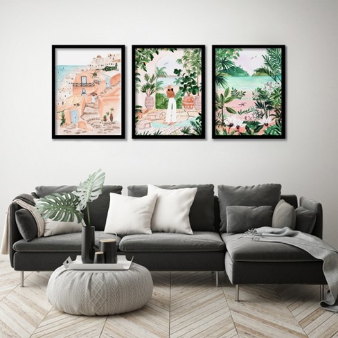 Three Girl Paintings on Canvas Set of 3 Wall Art Framed 