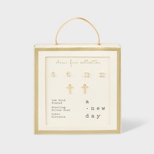 14k Gold Plated Cubic Zirconia Teardrop Square and Cross Stud Earring Set 3pc - A New Day™ Gold: Brass, Nickel-Free - 1 of 2