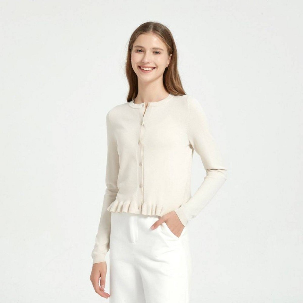 Women's Long Sleeve Crewneck Ruffle Hem Cardigan - A New Day™ Ivory XS