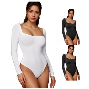 INSPIRE CHIC 3 Packs Women's Long Sleeve Bodysuit Slim Fit Square Neck Tummy Control Brief Leotard - 1 of 4