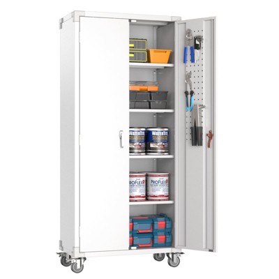 SUXXAN 72"H Metal Storage Cabinet with Wheels and Pegboard, 4 Adjustable Shelves and Lockable Door for Garage,Required Assembly