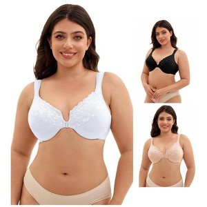 INSPIRE CHIC 3 Pcs Women's Front Closure Lace Trim Underwire Adjustable Straps Plunge Bras - 1 of 4
