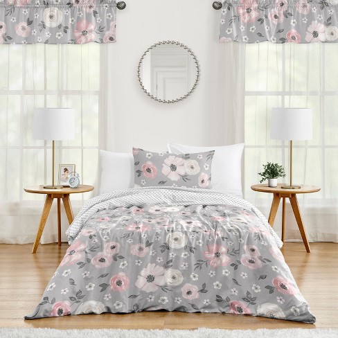 Sweet Jojo Designs Girl Twin Comforter Bedding Set Watercolor Floral Grey Pink 4pc Target