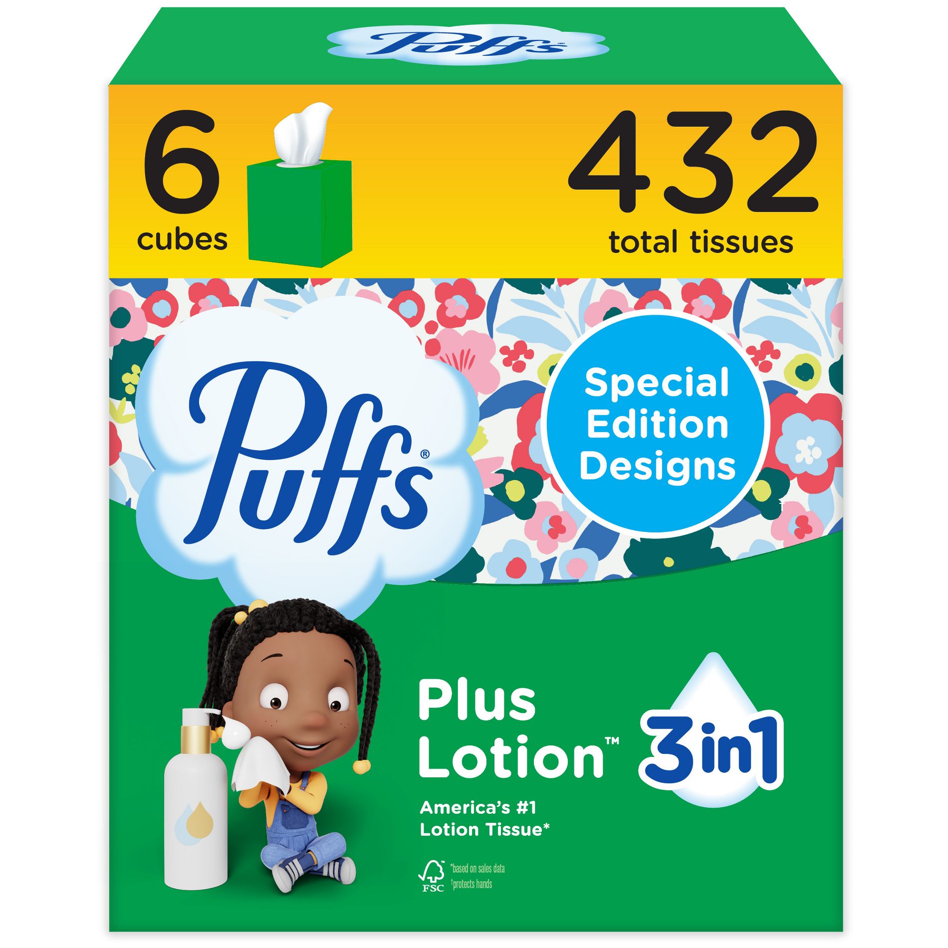 Puffs Plus Lotion Facial Tissue - Exclusive Designs - 6pk/432ct: Non-Toxic, Dye-Free, Square Container, 2-Ply