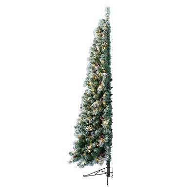 Home Heritage Artificial Half Christmas Tree Prelit with White LED Lights, PVC Foliage Tips, Metal Stand, Green