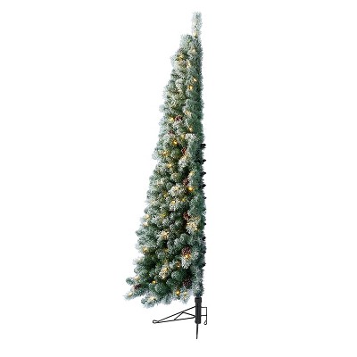 Evergreen Classics 7 Foot Pre Lit Light Flocked Half Pine Artificial Faux Fake Holiday Tree with Warm White LED Lights and Pine Cones