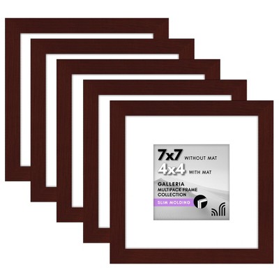 Americanflat 7x7 Picture Frame with Polished Plexiglass - Set of 5 - 4x4 with Mat or 7x7 Without Mat - Galleria - Square Frames - Mahogany