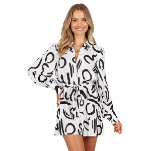 Women's Abstract Print Shirt Dress - Balloon Sleeve Self - Tie Belted Mini Dress - 1 of 4