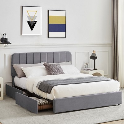 VECELO Upholstered Bed Frame with 1/4 Drawers and Adjustable Headboard, Twin/Full/Queen/King Platform Bed