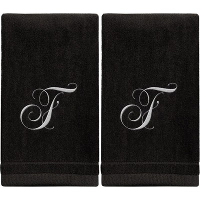 Creative Scents Black Fingertip Monogrammed Towels White Embroidered