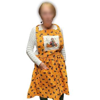 Adult Unisex Halloween Apron With Black Cats  Neon Orange Pumpkins Adjustable Neck Strap Cooking Barbeque Party