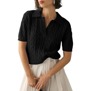 Women's Cable Short Sleeve Sweaters Tops Solid Lapel V Neck Cable Knit Casual Soft Pullover Shirt - 1 of 4