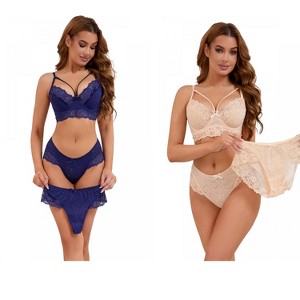INSPIRE CHIC 2 Sets Women's Cross-Straps Bralette and Panty Mesh Floral Lace Bra and Underwear - 1 of 4