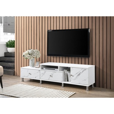 Chic Crate-Modern White Media Console – Faux Marble TV Stand w/ Silver-tone Legs, Sleek Living Room Furniture (White)