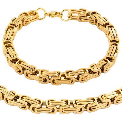 Men's Stainless Steel Plated Byzantine Chain Necklace and Bracelet Set - Gold