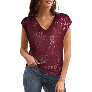 Coolmee Women's Sequin Tops Raglan Cap Sleeve Glitter Sparkle Shimmer Party Blouses Solid Color V-Neck Club Concert Shirts XL Red - 1 of 4