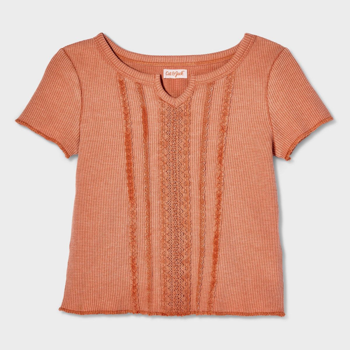 Girls' Short Sleeve Fitted Lace Trim Waffle Knit T-Shirt - Cat & Jack™ - thumbnail 2