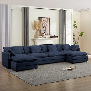 Mjkone 148'' Oversized Modular Sectional Sofa, U-Shaped 6-Seat Chenille Upholstered Deep Seat Sofa with 2 Ottomans,Blue - 1 of 4