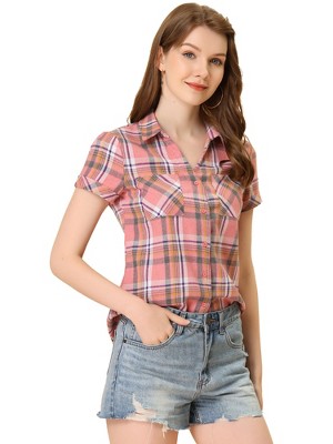 INSPIRE CHIC Women's Classic Short Sleeve Button Down Plaid Shirt