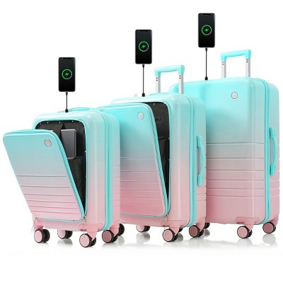 3-Piece Hardshell Luggage Set (20"/24"/28"),Lightweight Suitcase with USB Port,20" 24" Front Opening Carry-On Suitcase with Cup Holder–Cuddlewood
