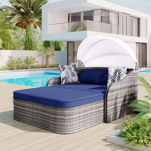 79.9 Outdoor Sunbed With Adjustable Canopy daybed With Pillows Double Lounge Pe Rattan Daybed Gray Wicker And Blue Cushion maison Boucle Target