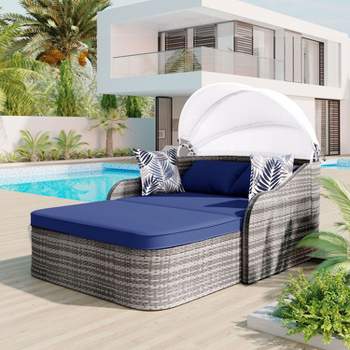 79.9" Outdoor Sunbed with Adjustable Canopy, Daybed With Pillows, Double lounge, PE Rattan Daybed, Gray Wicker-Maison Boucle