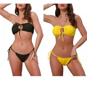INSPIRE CHIC Women's O Ring Ruched Bandeau Ribbed Tie Front Top Triangle Bottom Swimwear Bathing Bikini Suits 2 Sets - 1 of 4