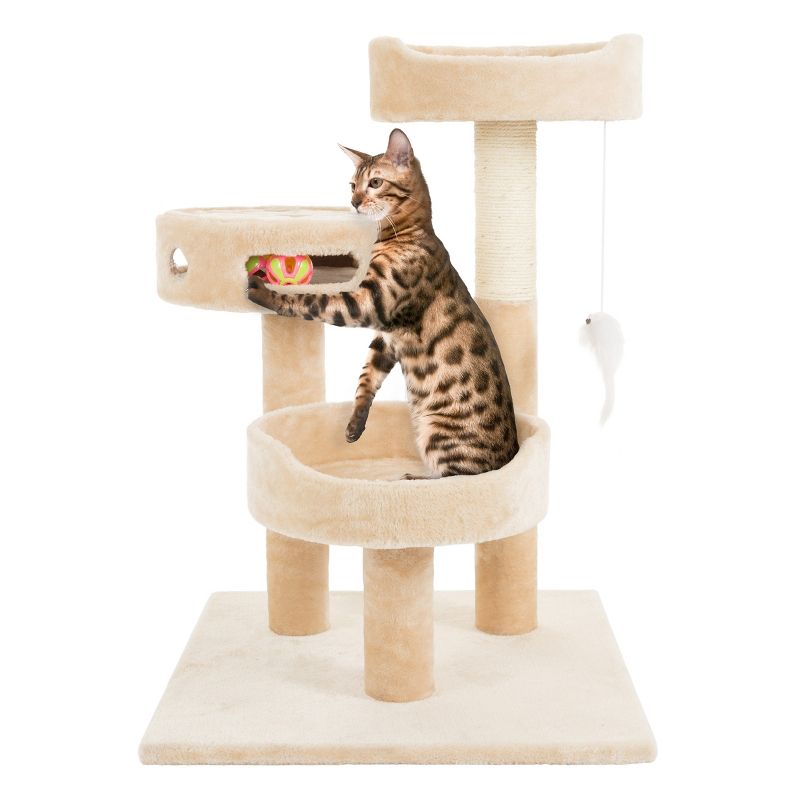 3-Tier Cat Tree - 2 Carpeted Napping Perches, Sisal Rope Scratching Post, Hanging Mouse, and Interactive Cheese Wheel Toy by PETMAKER (Tan and Brown), 1 of 8