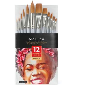 Arteza Watercolor set , Brown Brush Hair, Silver Ferrule with Silver Wooden Handle and Black Printing - 12 Pack