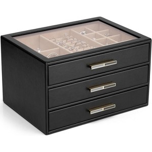 Jewelry Box for Women, Glass Lid Jewelry Organizer with 3 Drawers - 1 of 4
