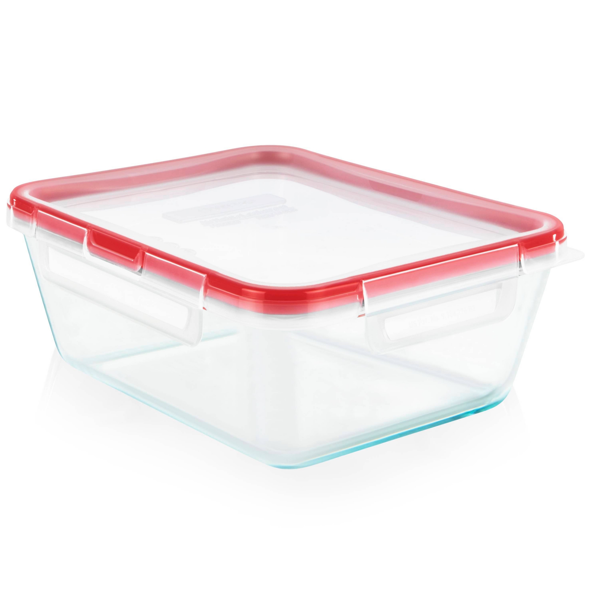 Pyrex Freshlock 8 Cup Rectangle Food Storage Container: Glass Container with Lid, Oven & Microwave Safe, Clear/Red