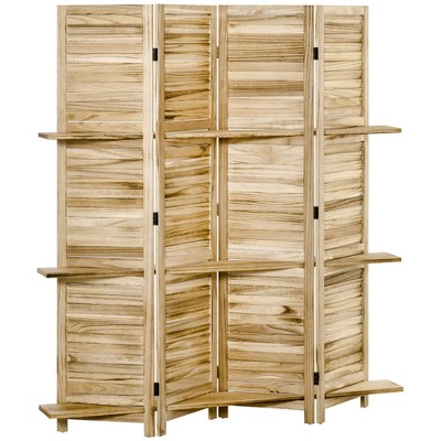 HOMCOM 4-Panel Folding Room Divider, 5.6 Ft Freestanding Paulownia Wood Privacy Screen Panel with Storage Shelves for Bedroom or Office