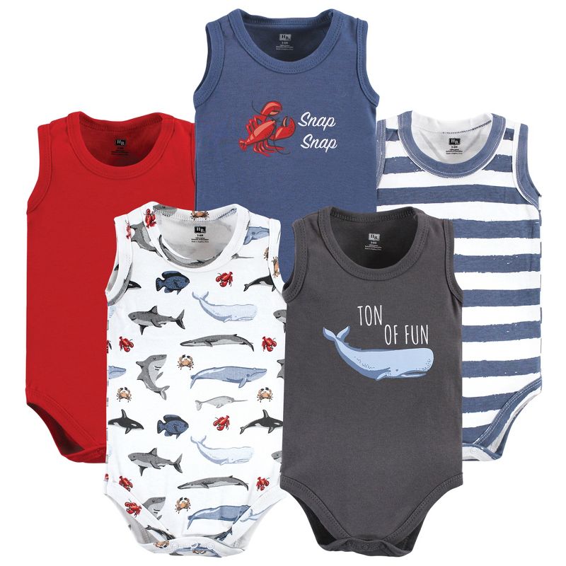 Hudson Baby Infant Boy Cotton Sleeveless Bodysuits, Boy Sea Creatures, 1 of 9
