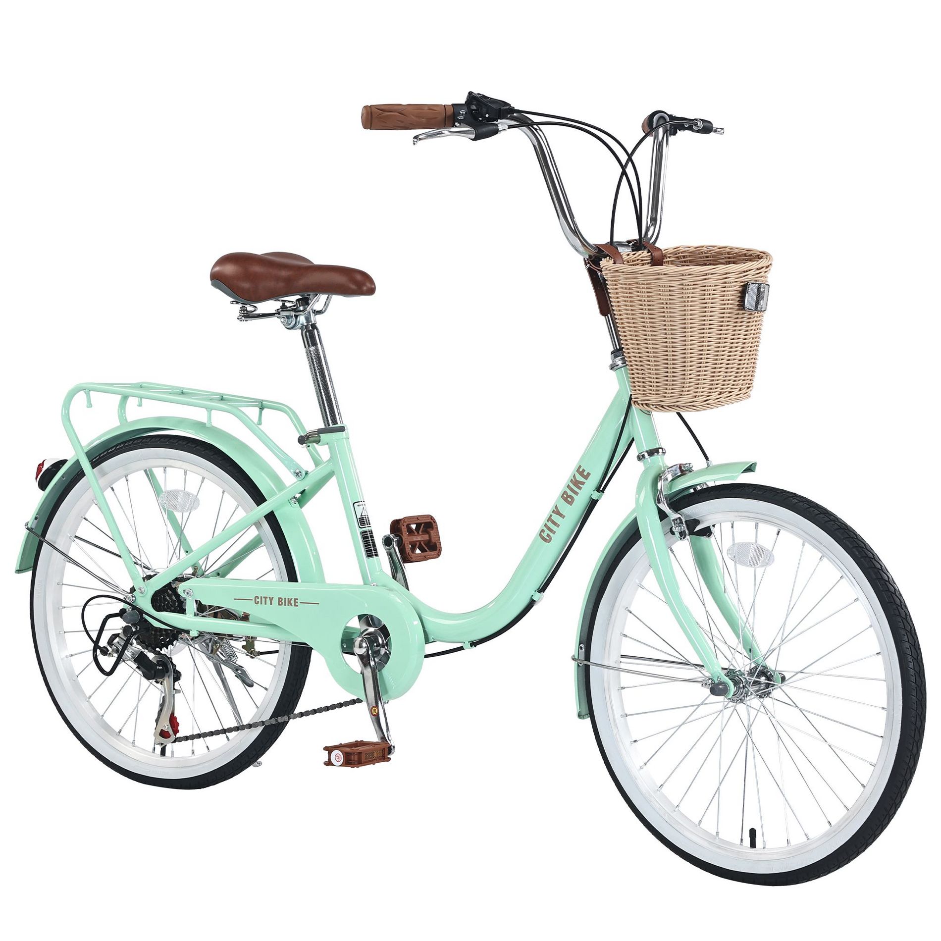 CAVINAS 22 Inch Steel City Bike with Basket,Girls Bicycle with Shimano 7-speed Shifter and Derailleur for Garden & Outdoor,Green
