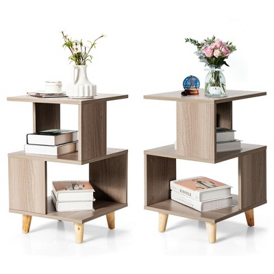 Costway 2 PCS Nightstand Set Modern Side End Table Wood Legs Storage Shelf Grey