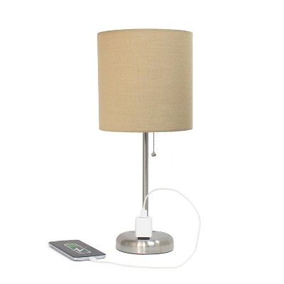 Brushed Steel Stick Nightstand Lamp with Tan Fabric Shade