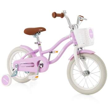 Costway 14'' Kid's Bike with Removable Training Wheels & Basket for 3-5 Years Old Pink/Blue